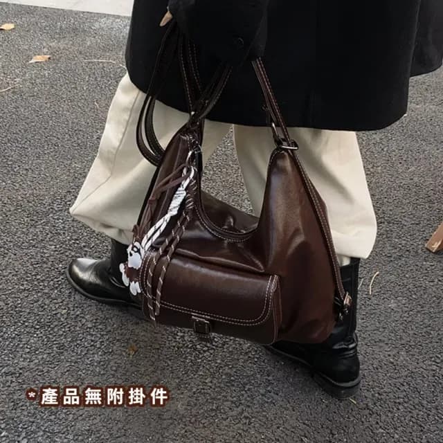 【韓風小鋪】父親節禮物 高級感復古冷棕油蠟皮單肩包(可雙肩背 可手提 斜跨包 側件包 女士 穿搭配件 冬季