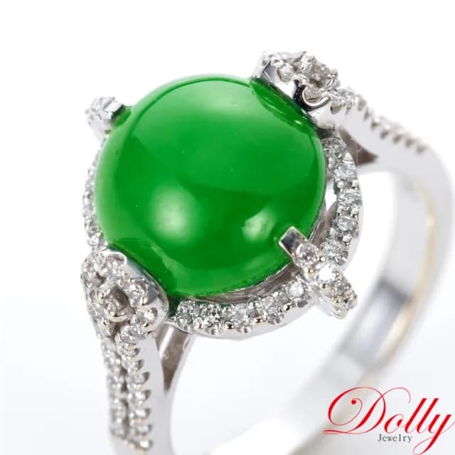 【DOLLY】買一送一 18K金 緬甸老坑濃綠A貨翡翠鑽石戒指(母親節 長輩送禮首選)