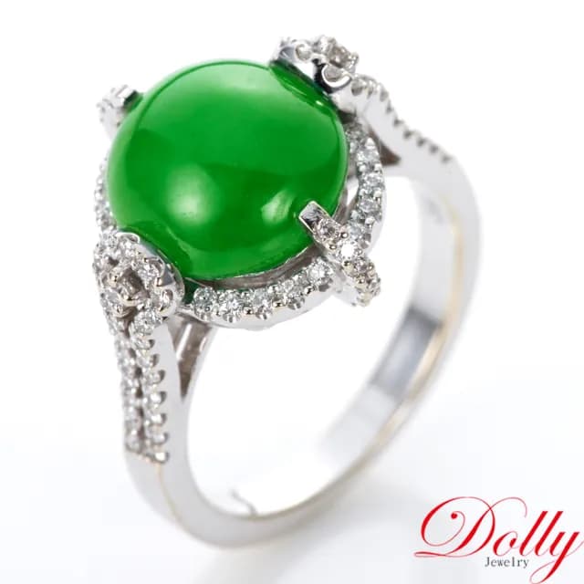 【DOLLY】買一送一 18K金 緬甸老坑濃綠A貨翡翠鑽石戒指(母親節 長輩送禮首選)