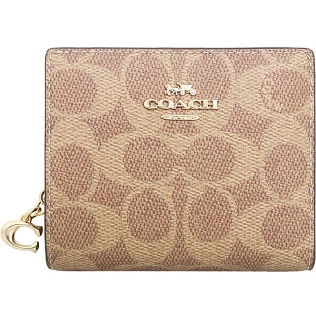 【COACH】Cx焦糖咖啡x卡其PVC滿版LOGO對折式零錢包短夾