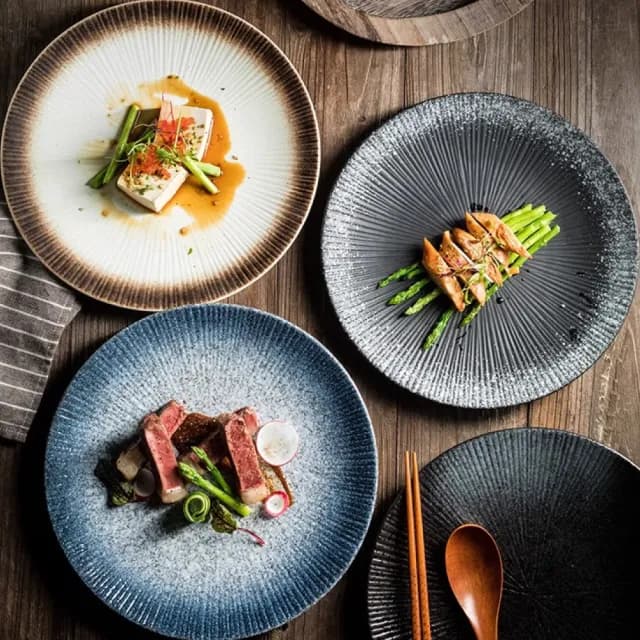 【渥思】日式復古條紋陶瓷盤-10吋(餐盤.菜盤.餐具.盤子.西餐牛排盤)