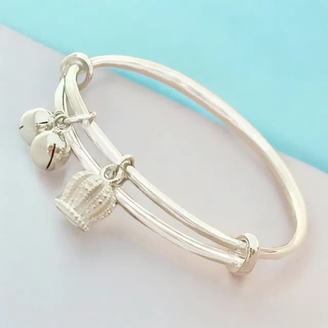 【珠兒綠】999純銀幸福皇冠搖鈴純銀手鐲-兒童(純銀手環 手鍊 彌月禮物 附禮盒禮袋 開運)