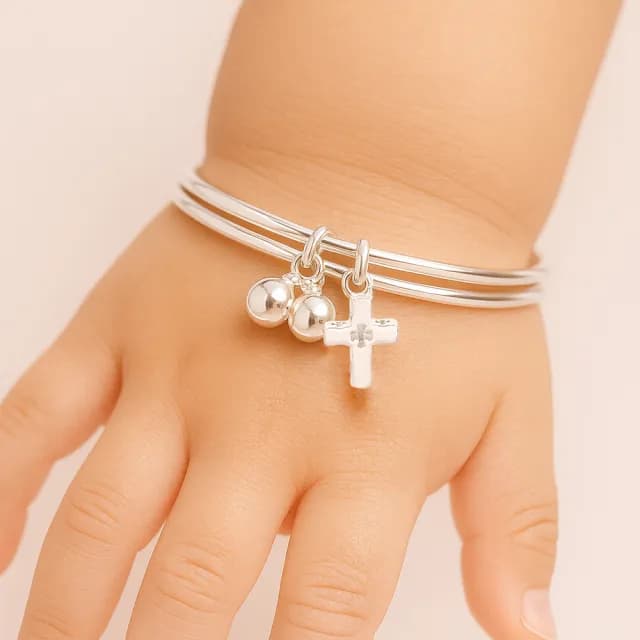 【珠兒綠】999純銀幸福十字架搖鈴純銀手鐲-兒童尺寸 開運(純銀手環 手鍊 彌月禮物 附禮盒禮袋 開運)