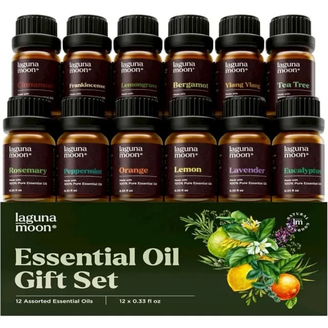 【美國Lagunamoon】超濃縮香薰純精油精裝套組禮贈盒12瓶/組(搭薰香擴香加濕器台芬芳香石泡澡按摩擴散香氣)