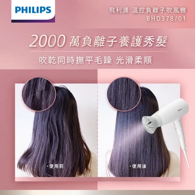 【Philips 飛利浦】官方直營 溫控負離子護髮吹風機-晨露白(BHD378)