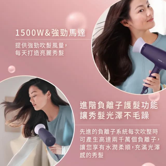 【Philips 飛利浦】官方直營 溫控負離子吹風機-紫(BHD318)