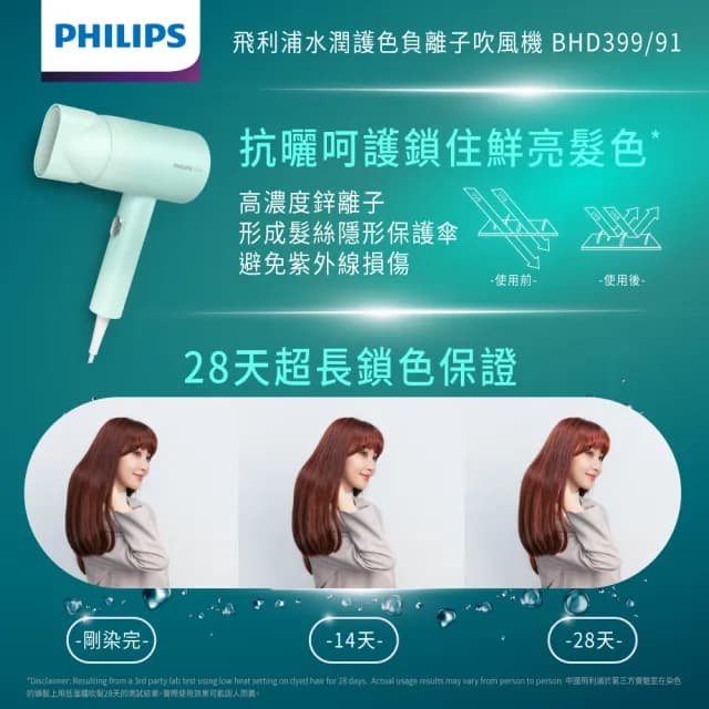 【Philips 飛利浦】官方直營 水潤護色負離子吹風機-夢幻湖水綠(BHD399/91)