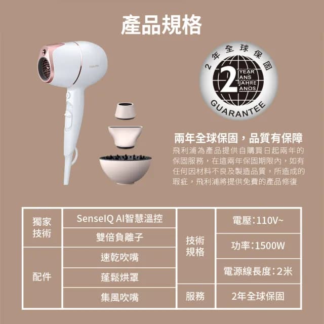 【Philips 飛利浦】官方直營 Adele AI頂級智能溫控輕量護髮吹風機(BHD628)
