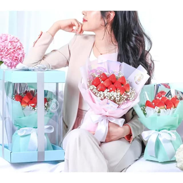 【My Dear草莓花束】經典蒂芬尼草莓花束生日禮盒組(水果花束/情人節/告白/生日禮物/超人氣花束/草莓)