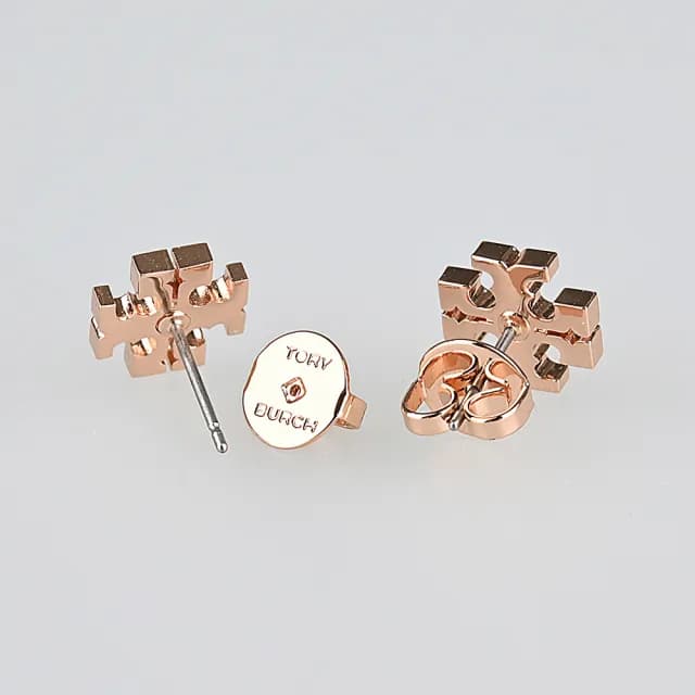 【TORY BURCH】TORY BURCH Kira 雙T字母LOGO縷空穿式耳環(玫瑰金)