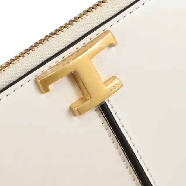 【TOD’S】TODS T Timeless 金屬T LOGO小牛皮L型拉鍊鈔票零錢包(白)