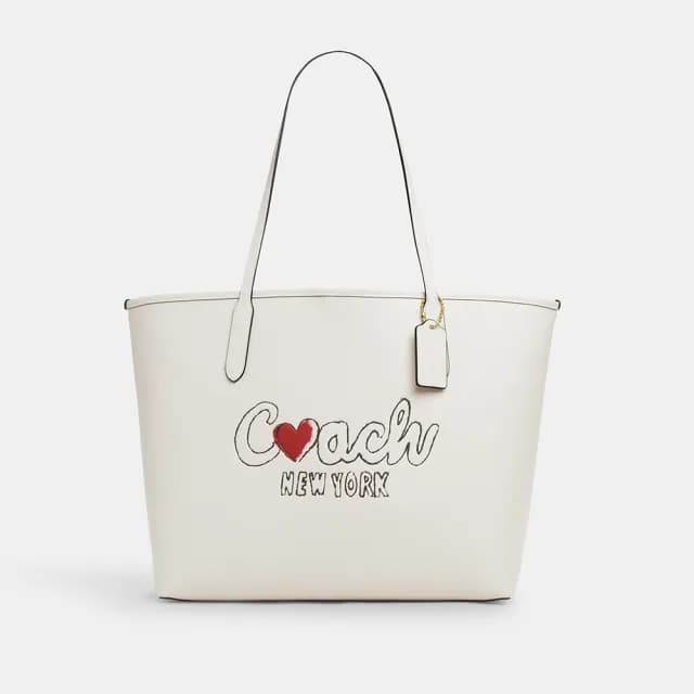 【COACH】蔻馳官方直營 CITY托特包 托特手袋COACH文字圖案-IM/粉筆白色 混合色(CBS70)