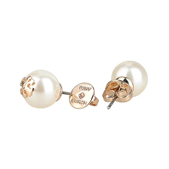 【TORY BURCH】TORY BURCH 英文T字LOGO珍珠穿式耳環(象牙白x金)