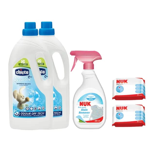 【Chicco】超濃縮嬰兒洗衣精升級版1.5Lx2+NUK嬰兒衣物去漬劑500ml贈濕紙巾20抽x2(洗淨清潔 純水濕巾)