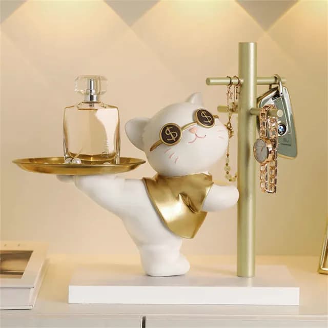 【超微米】招財貓擺件 玄關鑰匙收納 入戶家居客廳托盤裝飾品 搬家喬遷新居禮物(喜樂兔收納擺件)