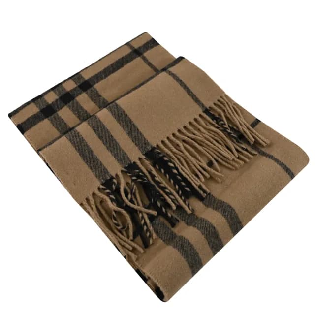 【BURBERRY 巴寶莉】英系經典撞色格紋純羊毛流蘇披肩長圍巾(咖)