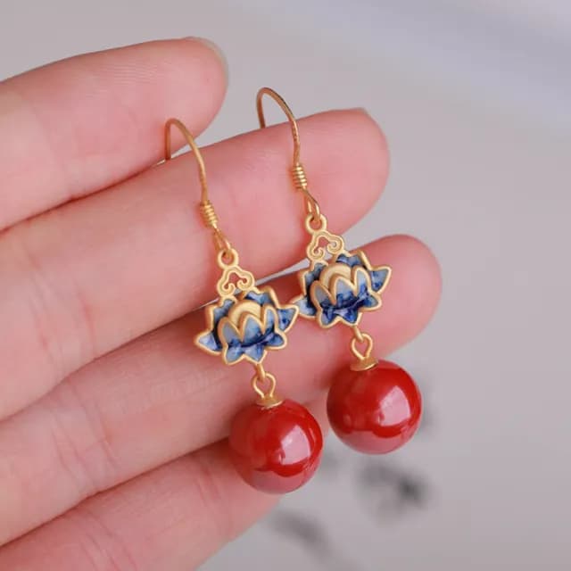 【MoonDy】飾品 耳環 女生耳環 朱砂耳環 純銀耳還 S925 宮廷風 新中式 蓮花耳環 大圓耳環 抗過敏 耳飾