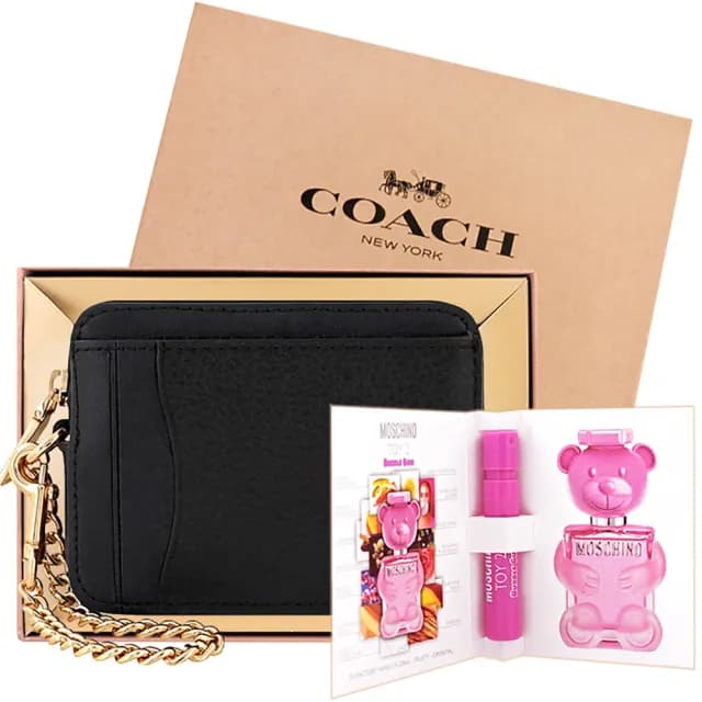 【COACH】荔枝紋皮革金屬鏈帶證件卡夾/零錢包+MOSCHINO 品牌經典隨身小香水(黑色)