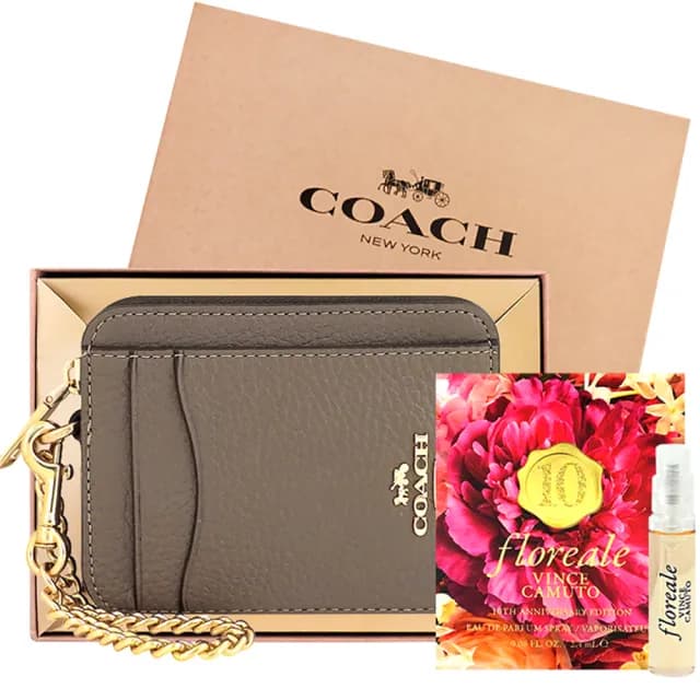 【COACH】荔枝紋皮革金屬鏈帶證件卡夾/零錢包+VINCE CAMUTO Floreale 花圓舞曲隨身小香(拿鐵色)