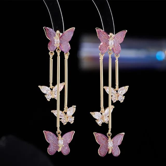 【ANGEL】紫戀蝴蝶輕奢晶鑽長流蘇925銀針耳環(紫色)