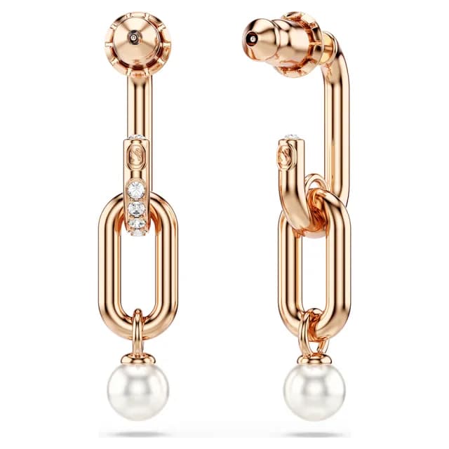 【SWAROVSKI 施華洛世奇】Constella 優雅珍珠水晶垂墜式耳環-玫瑰金(5728585)