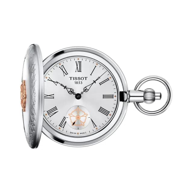 【TISSOT 天梭】T865.405.99.038.00 小秒針手上鍊懷錶 附鍊-銀x白/49.8mm 情人節禮物(T8654059903800)