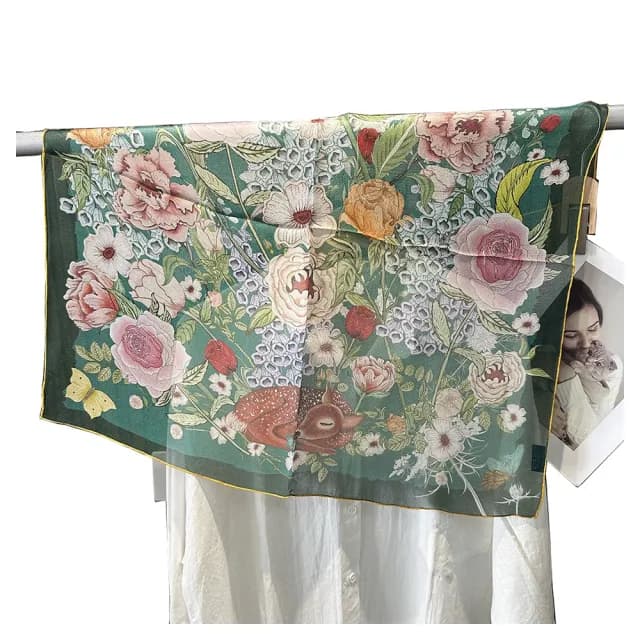 【Jun Jun】蠶絲絲巾 真絲西麗紗中方巾 65*65cm(花間小鹿)
