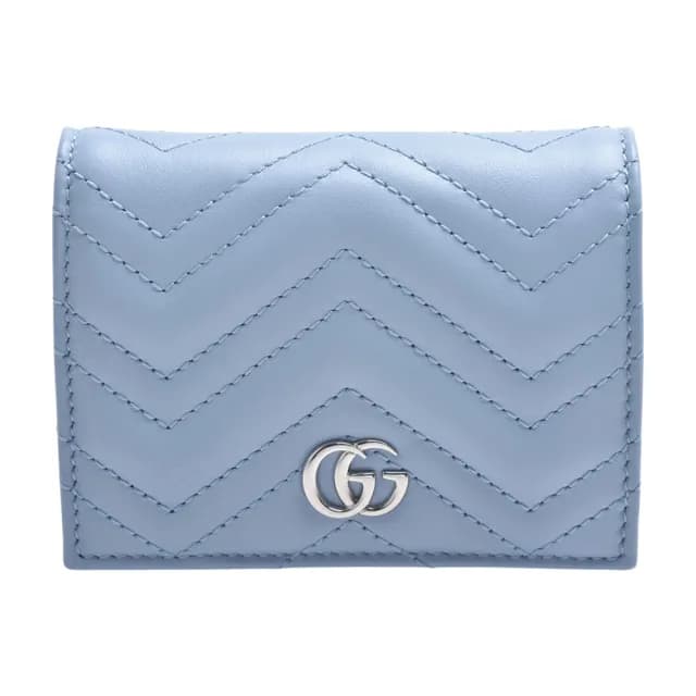 【GUCCI 古馳】GG Marmont系列絎縫紋牛皮金屬銀色雙G LOGO暗釦卡夾/零錢包(淺藍色466492-AAFA2-4928)