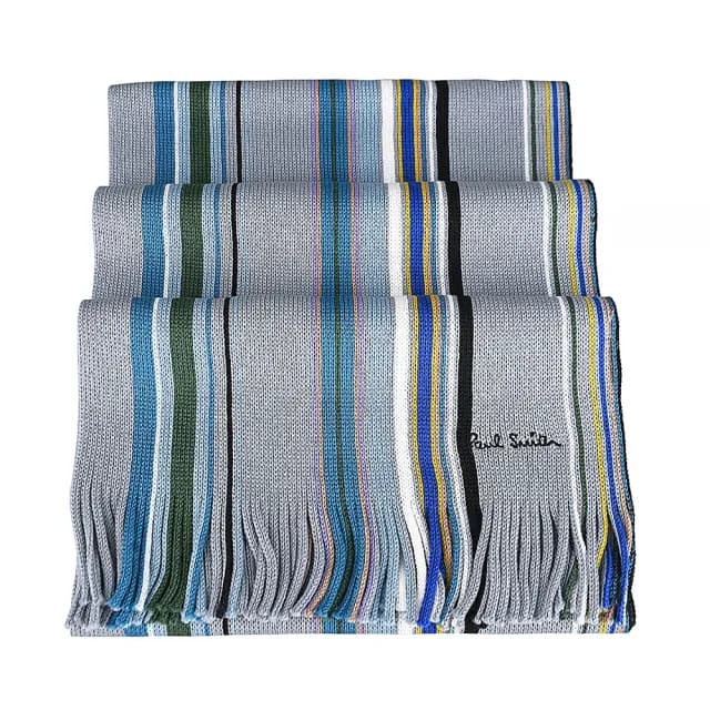 【Paul Smith】PAUL SMITH刺繡黑字LOGO純羊毛彩線條紋披肩/圍巾(男款/淺灰x多色)