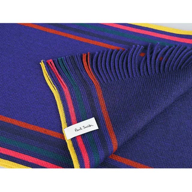 【Paul Smith】PAUL SMITH藍色電繡字LOGO羊毛條紋圖案披肩/圍巾(海軍藍x多色)