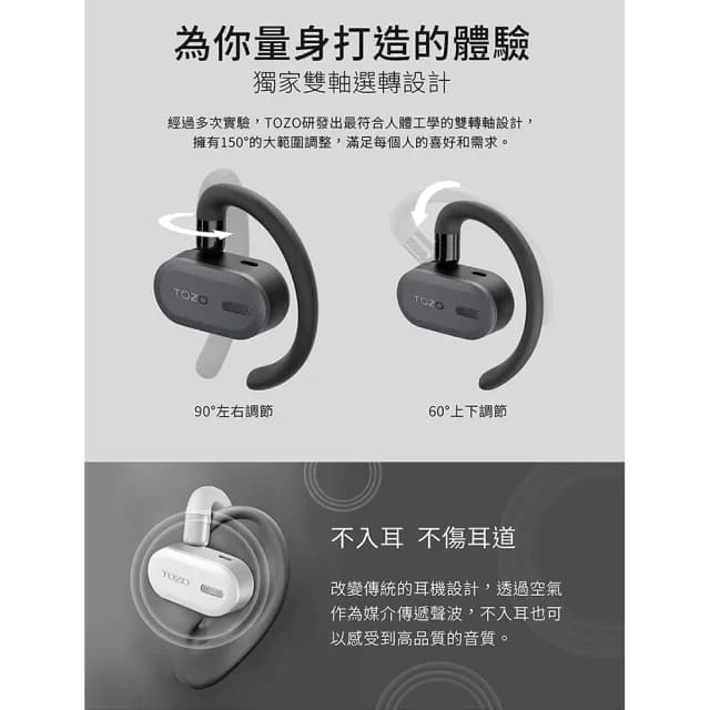 【TOZO】OpenBuds降噪開放式AI輔助氣傳導無線藍芽耳機(chatGPT/智慧錄音/ENC通話降噪/耳掛式)