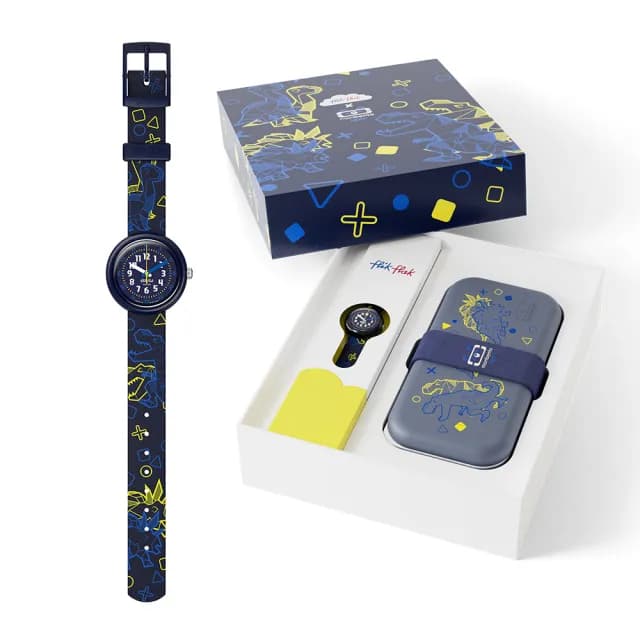 【Flik Flak】兒童手錶 DINO DINER monbento便當盒套組/瑞士製造 FPNP176(31.85mm)