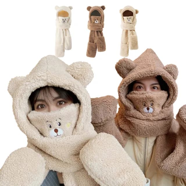 【匠心選品】小熊造型 四合一連帽圍巾手套口罩(羊羔絨 加厚防風帽 防風圍巾 保暖口罩 保暖手套 防寒圍巾)