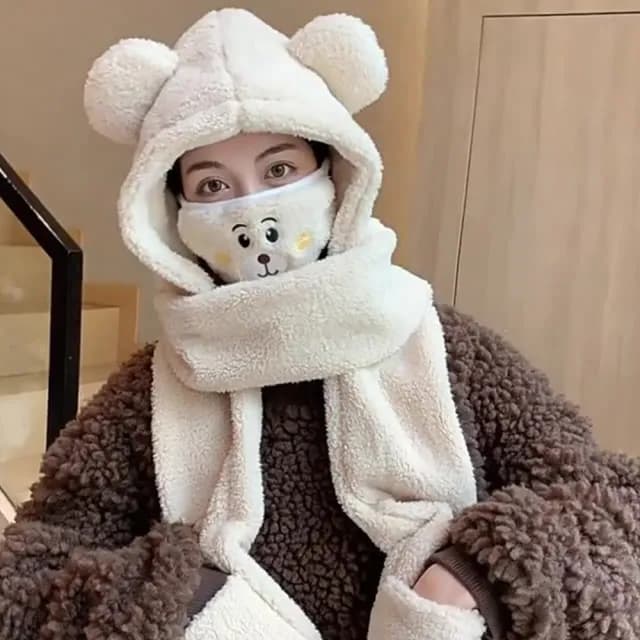 【匠心選品】小熊造型 四合一連帽圍巾手套口罩(羊羔絨 加厚防風帽 防風圍巾 保暖口罩 保暖手套 防寒圍巾)