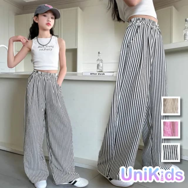 【UniKids】中大童裝豎條紋長褲 闊腿休閒長褲 女大童裝 CVXXM2507(黑 紅 黃)