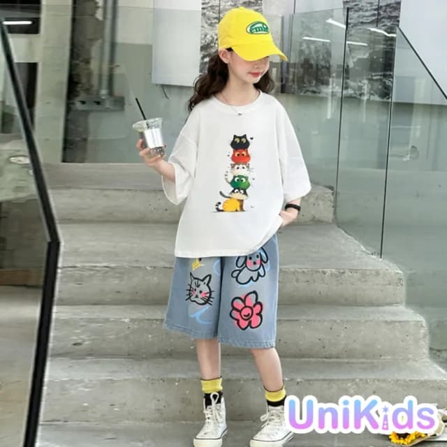 【UniKids】中大童裝短袖T恤 可愛疊疊貓咪上衣 女大童裝 CVXBM25161(T恤)