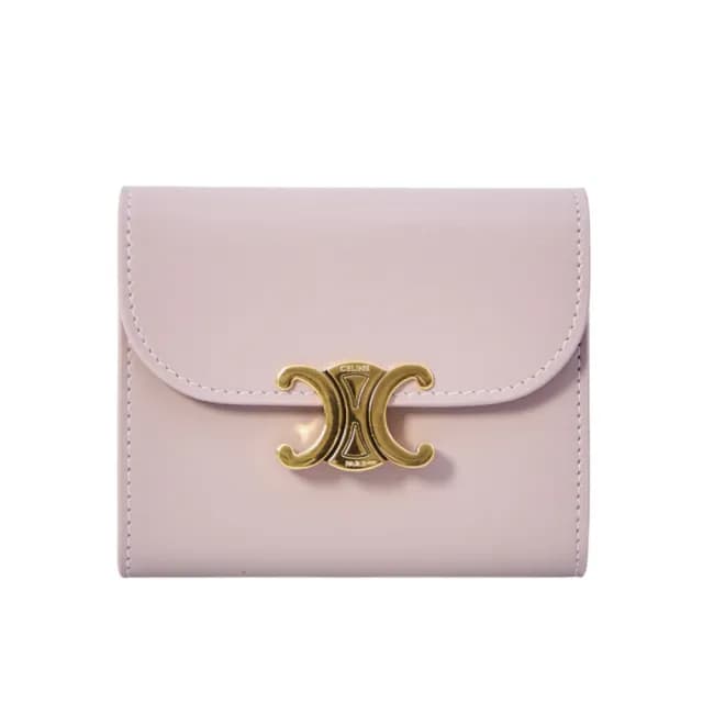 【CELINE】Triomphe 凱旋門 亮澤牛皮革 小號 翻蓋 零錢包 卡夾 皮夾 短夾 淡雅粉紅色 10D783DPV.25BD