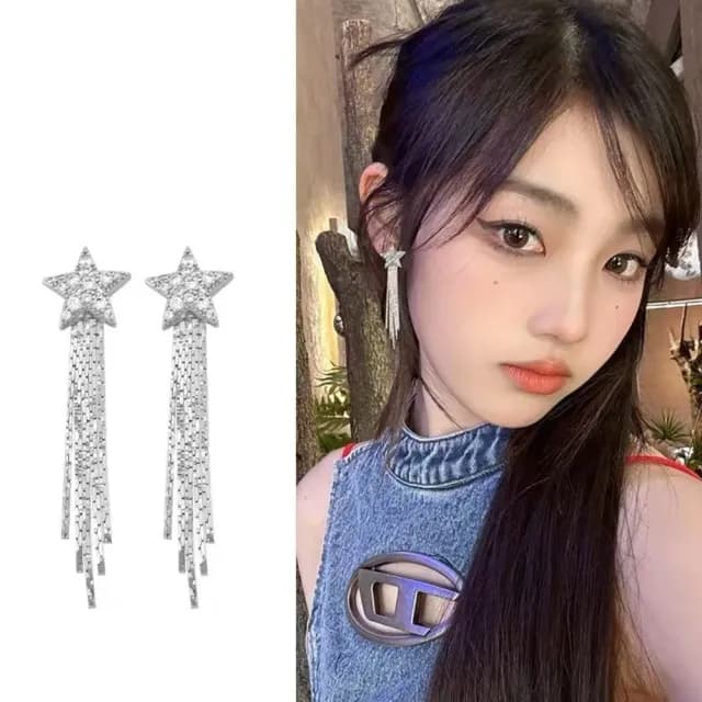【禮服穿搭】摩登閃爍銀河流星耳掛耳夾(無耳洞 耳夾式耳環 耳飾 長鍊 垂墜 聚餐 舞會 氣質 銀色)
