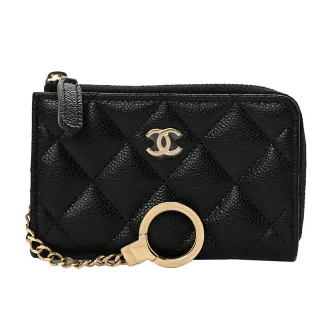 【CHANEL 香奈兒】AP0221經典LOGO菱格紋L型拉鍊鑰匙零錢包(黑色)