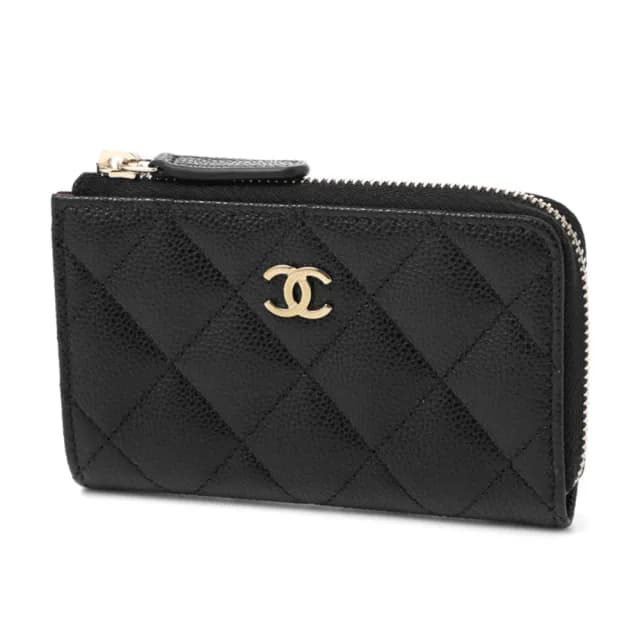 【CHANEL 香奈兒】AP0221經典LOGO菱格紋L型拉鍊鑰匙零錢包(黑色)