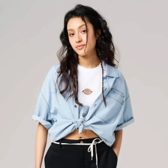 【Dickies】男款復古藍純棉胸前單邊口袋設計休閒短袖襯衫｜DK0A88M2C15