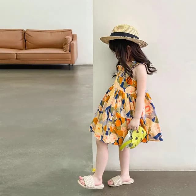 【橘魔法】油畫風碎花吊帶洋裝(吊帶裙 連身裙 裙子 女童 兒童 童裝)