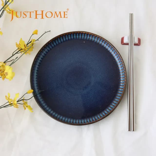 【Just Home】藏藍陶瓷8件碗盤餐具組-2款可選(可微波 碗 飯碗 湯碗 麵碗 湯匙)