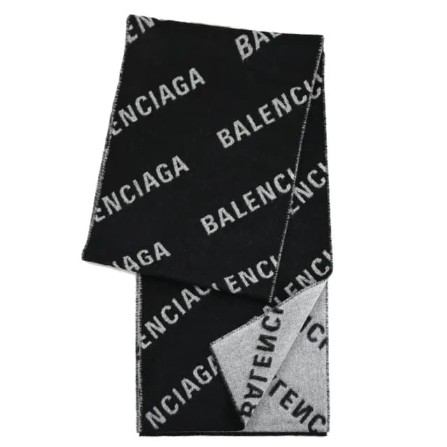 【Balenciaga 巴黎世家】經典滿版LOGO雙面純羊毛披肩長圍巾(黑/白)