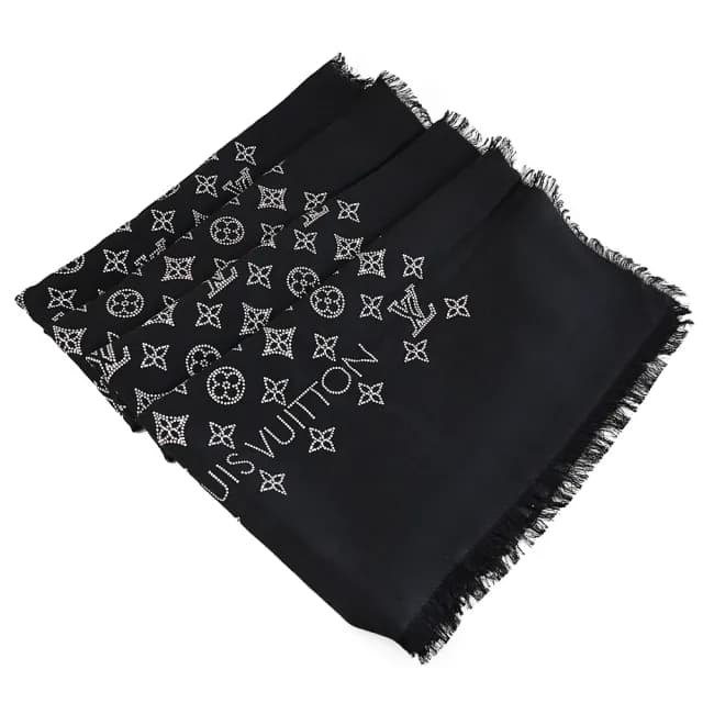 【Louis Vuitton 路易威登】LV M77896 Monogram 品牌LOGO緹花絲綢混羊毛披肩圍巾(黑 現貨)
