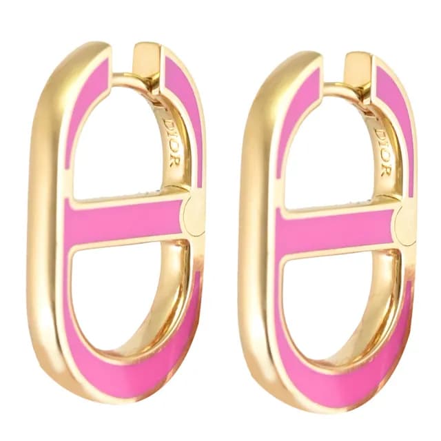 【Dior 迪奧】30 Montaigne 品牌CD標誌造型針式時尚耳環(金/桃紅)