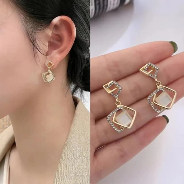 【琥耀方舞】幾何靈光琥珀貓眼石方塊耳環(立體 垂墜耳環 方形 耳飾 耳針 耳墜)