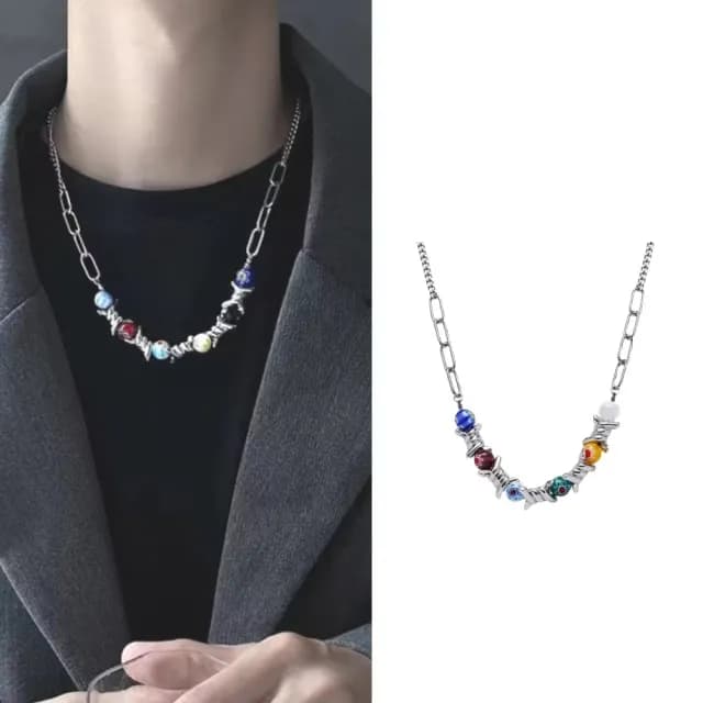 【嘻哈甜酷】彩色琉璃珠合金項鍊(輕奢 小眾 設計 串珠 荊棘項鏈 ins 原宿風 毛衣鍊 鎖骨鏈)