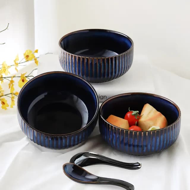 【Just Home】藏藍陶瓷碗盤餐具5件組-2款可選(可微波 碗 飯碗 湯碗 麵碗 湯匙)