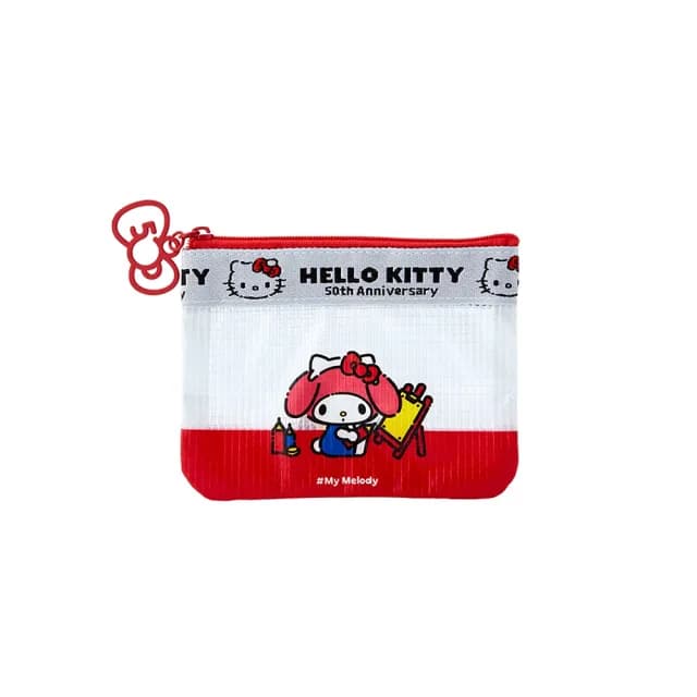【SANRIO 三麗鷗】情人節禮物 Hello Kitty 50周年 網袋零錢包 扁平收納包 美樂蒂